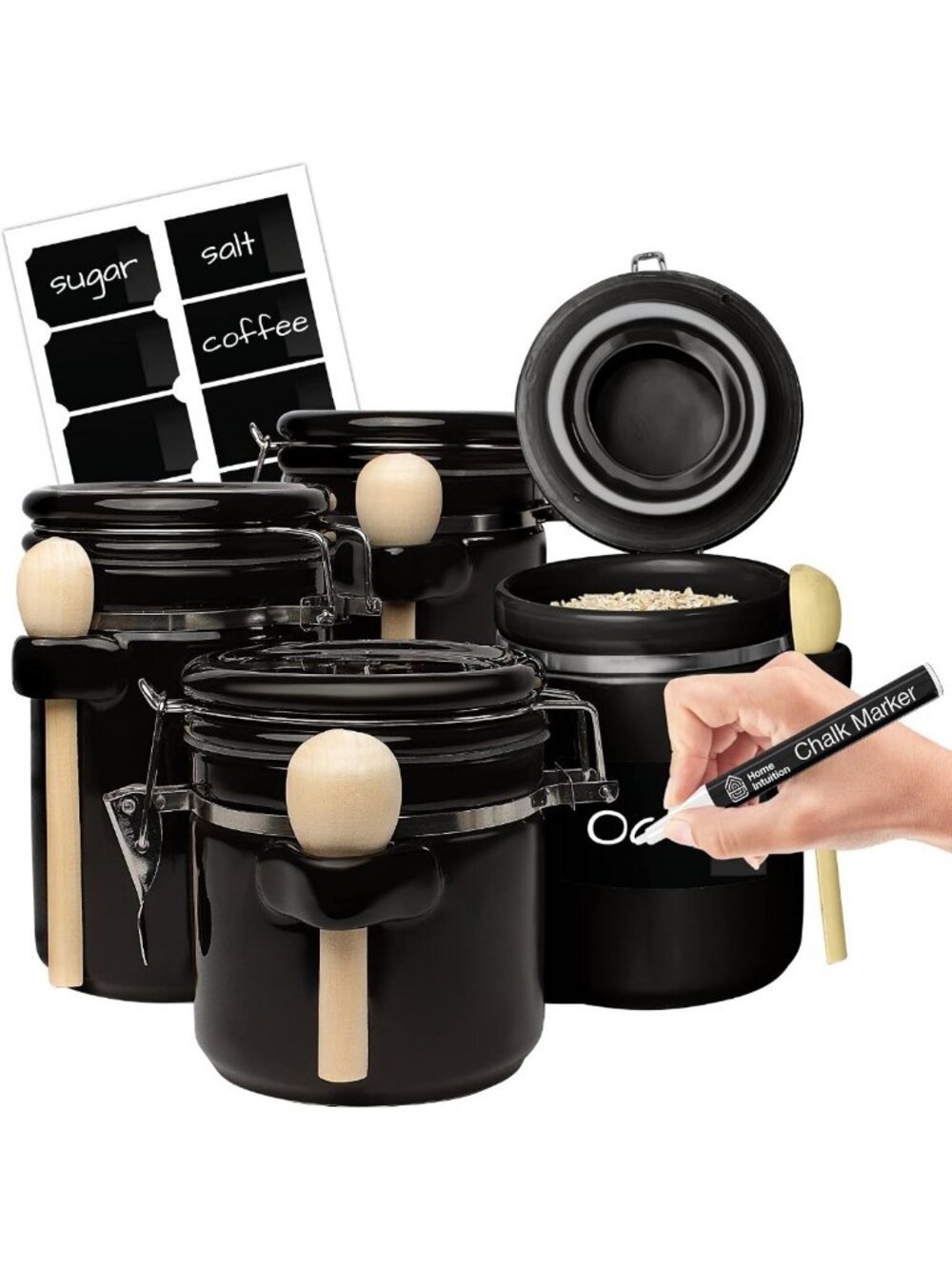 Airtight Ceramic Kitchen Canisters Set, 4-Piece Storage Jars with Labels